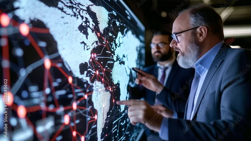 Aufkleber an executive team discussing global supply chain strategies over a digital map, with supply routes a