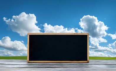Blackboard on rustic wooden table with green grass field and bright sky background. Perfect for education, agriculture, nature theme. Perfect for school, learning, farming and organic farming concept.
