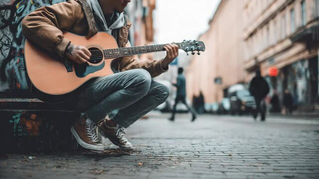 Street musician playing acoustic guitar