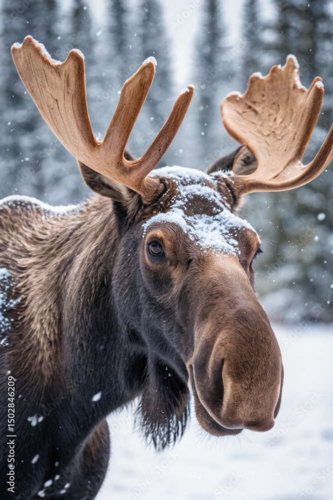 Poster a close-up view of a moose's face in a snowy environment