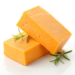 A close up of two blocks of cheddar cheese stacked with rosemary sprigs on a white surface studio shot