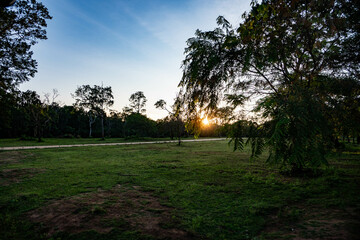 Driving in a safari jeep in Yala national park at sunset, sri lanka