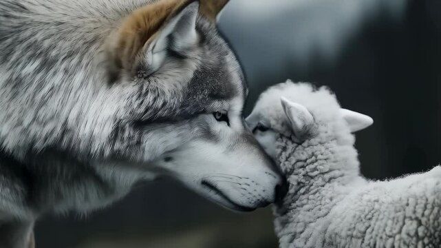 close up of wolf and the lamb look at each other 