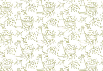 Seamless vector illustration featuring a pattern of bottles and bowls with olives. Repeating design with olive branches is perfect for culinary or Mediterranean themes.