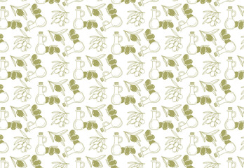 Vector illustration of a seamless pattern with olive oil bottles, olive branches and olives. The design uses earthy green tones on a white background, perfect for a culinary theme.