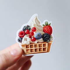 A hand holding a colorful sticker of a waffle topped with cream and berries against a neutral background