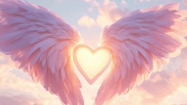 Ethereal pink angel wings cradle a glowing heart against a dreamy pastel sky at sunset