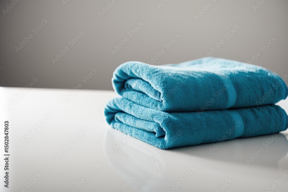 Poster a stack of blue towels sits on top of a white table, perfect for use in various settings such as spa