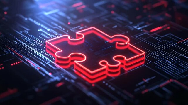 Futuristic UI with D puzzle pieces fitting perfectly together, surrounded by lines of code and digital blocks, symbolizing API integration and collaboration.