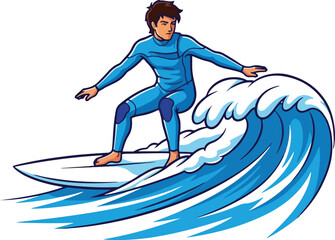 a handsome surfer mid-ride on a wave, isolated against a white background