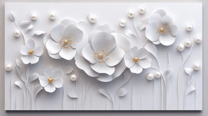 White flowers with pearls in a three-dimensional design.