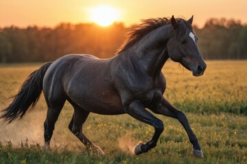 Fototapeta premium A horse runs freely in a green field as the sun sets, creating a warm and peaceful atmosphere