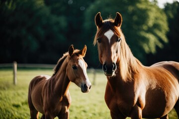 Fototapeta premium A pair of horses standing on a lush green grassy field, perfect for country scenes or nature photography