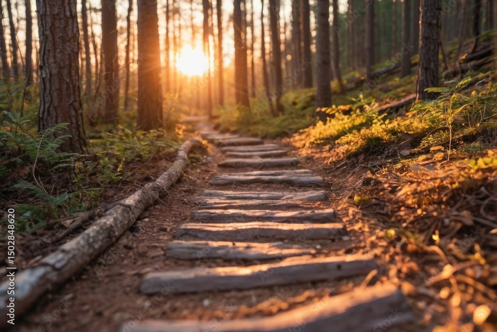Poster a serene forest path with sunlight filtering through the trees
