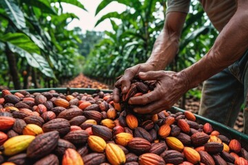 A person collecting cacao beans from a container