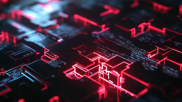 Puzzle pieces made of bright, glowing data blocks interlocking to form a larger system, with a digital, high-tech backdrop of wireframe structures and code.