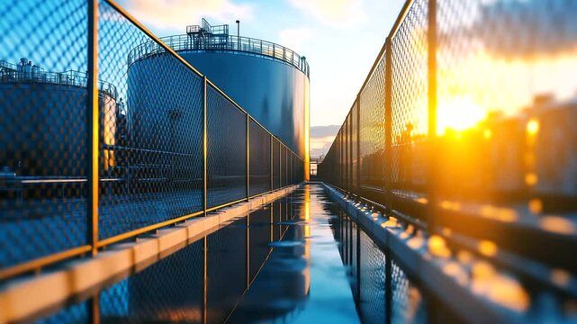 Wide shot of an LNG storage tank surrounded by high-tech security fencing and sensors, highlighting the critical importance of safety and monitoring in energy storage systems.