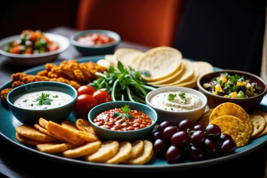 A colorful snack platter filled with various dips, chips, and fresh vegetables