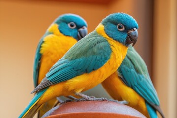 Obraz premium Colorful birds perched on a wooden post, bright and cheerful