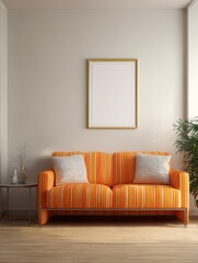 Orange striped couch in a modern living room.