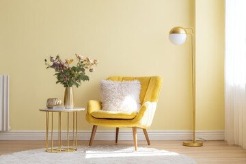 Yellow armchair in a sunlit room with a gold lamp and flowers.