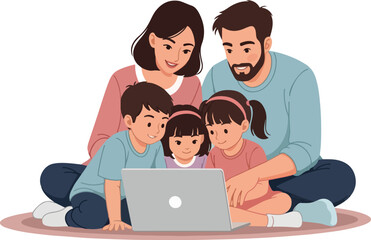 Happy Family Bonding Over Laptop Parents and Children Learning Together