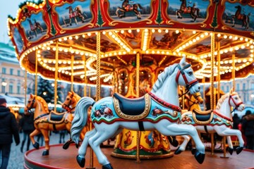 A merry-go-round with horses and people walking around, perfect for carnival or circus-themed projects
