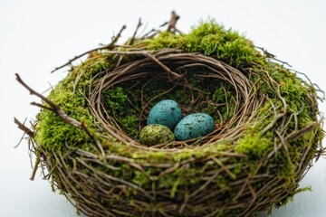 Obraz premium A bird's nest with three eggs inside, natural habitat for young birds