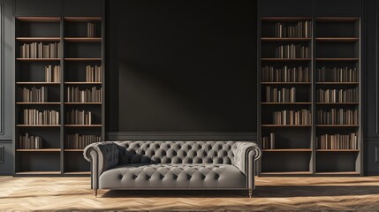 Dark study room with bookcases and tufted sofa.