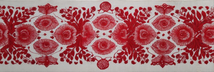 Bright Red Sindoor Trail Elegantly Displayed on a White Silk Cloth With Clear Margins, Showcasing Intricate Floral Patterns