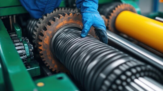 A worker with blue gloves adjusts metal gears and rollers on industrial machinery in a factory setting.