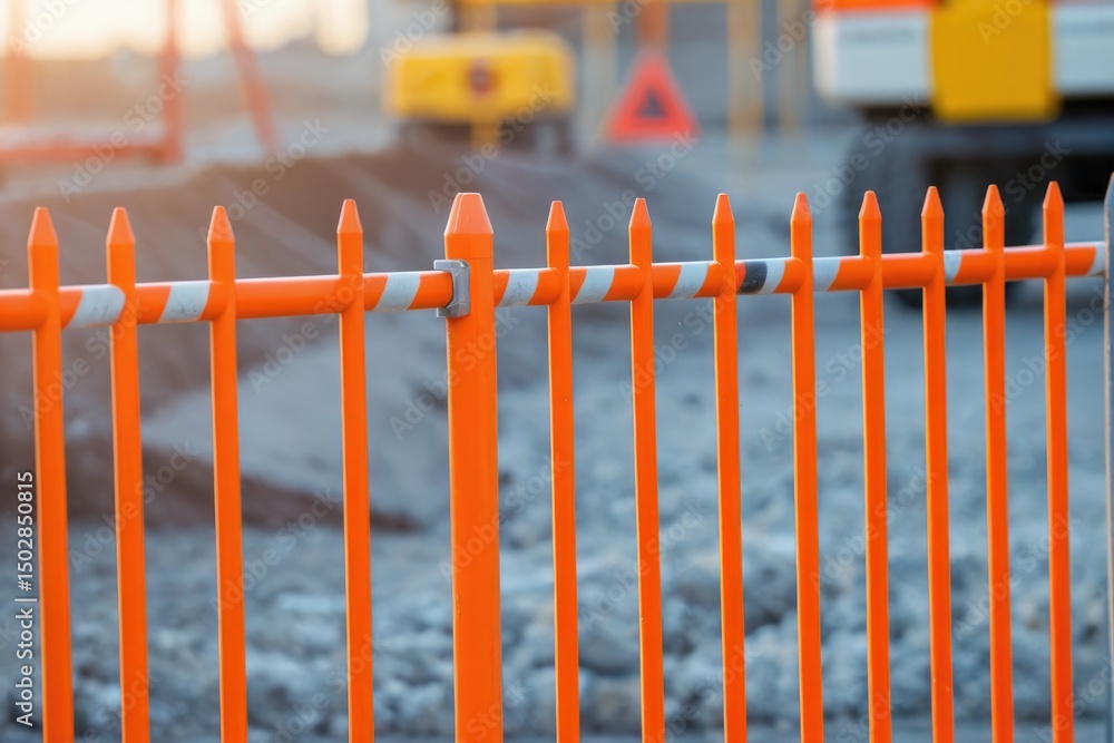 Poster a close-up shot of a fence with construction machinery visible in the background, suitable for use i