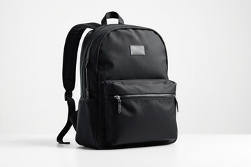 A black backpack resting on a clean white table, perfect for showcasing or storing items
