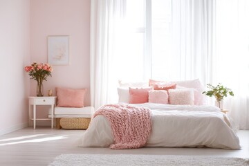 A light-filled bedroom with a cozy, pastel-pink aesthetic.