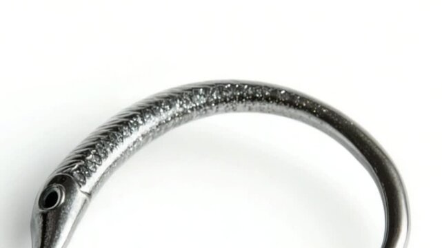Close-up of a shiny fishing hook with a sharp barb, set against a white background highlighting its details