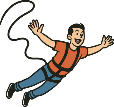 A cheerful cartoon man in an orange shirt and blue pants, wearing a bungee harness, is captured mid-air with his arms outstretched, symbolizing the exhilaration of bungee jumping