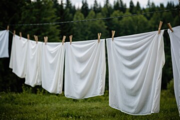 A line of white towels hanging on a clothesline, perfect for a fresh and clean theme or a rustic outdoor setting