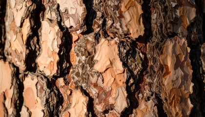 Macro view of flaky pine bark texture in warm light