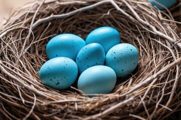 Obraz premium A collection of blue eggs sitting on a table