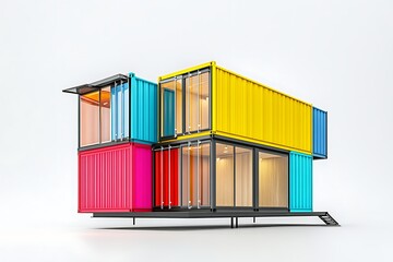 Contemporary modular home design with colorful shipping container units and large windows
