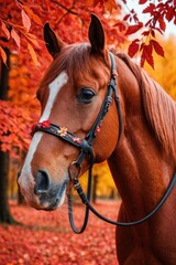 Obraz premium A brown horse stands near a tree, wearing a bridle