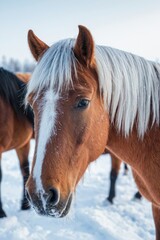 Two horses standing together in a snowy field, winter landscape
