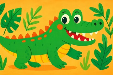 Obraz premium A cartoon illustration of a green crocodile with orange spots and spikes surrounded by green leaves