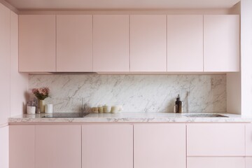A modern kitchen with pale pink cabinets and a marble backsplash.