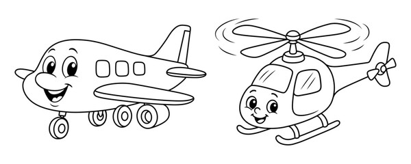 Children's airplane and helicopter coloring set, cartoon vector illustration for kids in toys theme