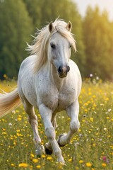 Obraz premium A white horse gallops freely in a lush field filled with vibrant flowers, ideal for use in equestrian-themed designs or nature-inspired illustrations