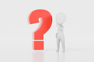 3D A Man thinking with a question mark icon. Minimal Cartoon white human sticky with red question mark isolated on white background. Looking for a solution. Decision and problem concept. 3d render.