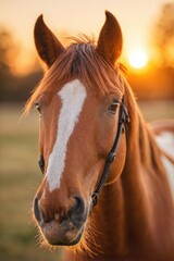 Fototapeta premium A brown and white horse stands in a field, ready for riding or grazing