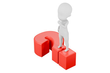 3D A Man thinking with a question mark icon. Minimal Cartoon white human sticky with red question mark isolated on white background. Looking for a solution. Decision and problem concept. 3d render.