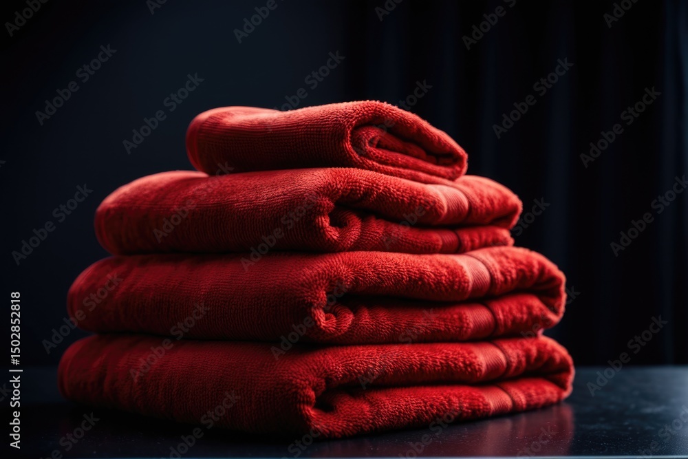 Poster a stack of red towels sitting on a table, ideal for use in decorative or background settings